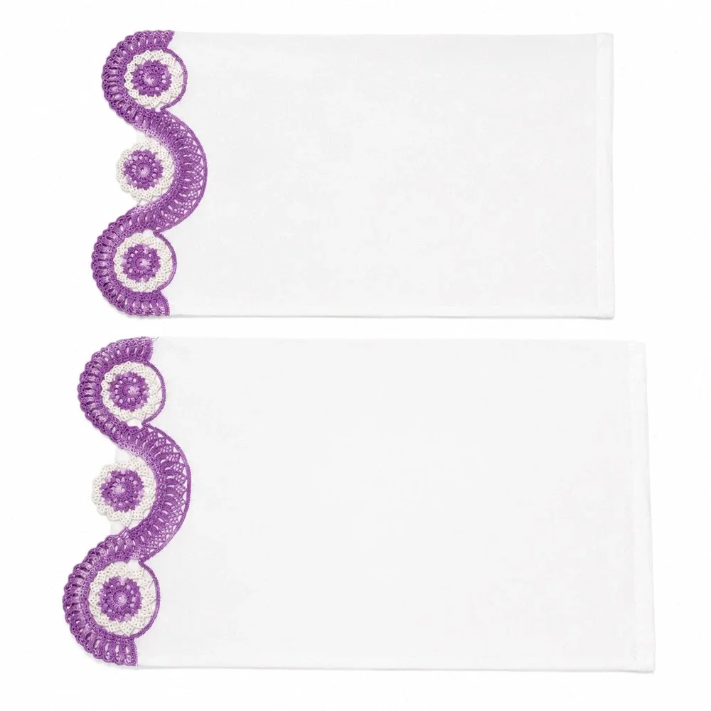 Vintage Standard Pillowcase Set Crochet Scalloped Floral White Purple